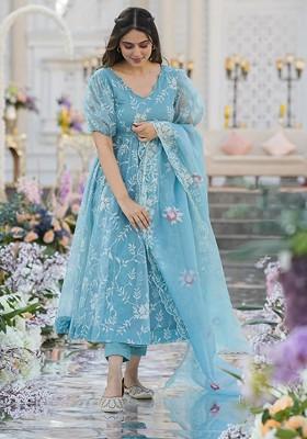 Turquoise Blue Embroidered Poly Blended Kurta Sets