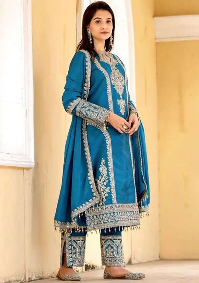 Teal Embroidered Poly Blended Kurta Sets - Indya