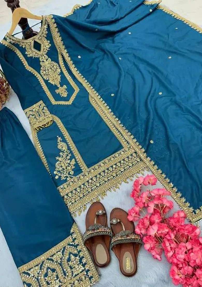 Teal Embroidered Poly Blended Kurta Sets - Indya