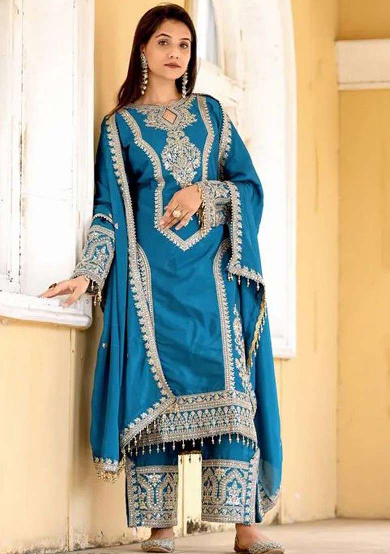 Teal Embroidered Poly Blended Kurta Sets - Indya