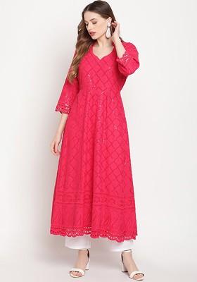 Magenta Embroidered Poly Blended Kurtas