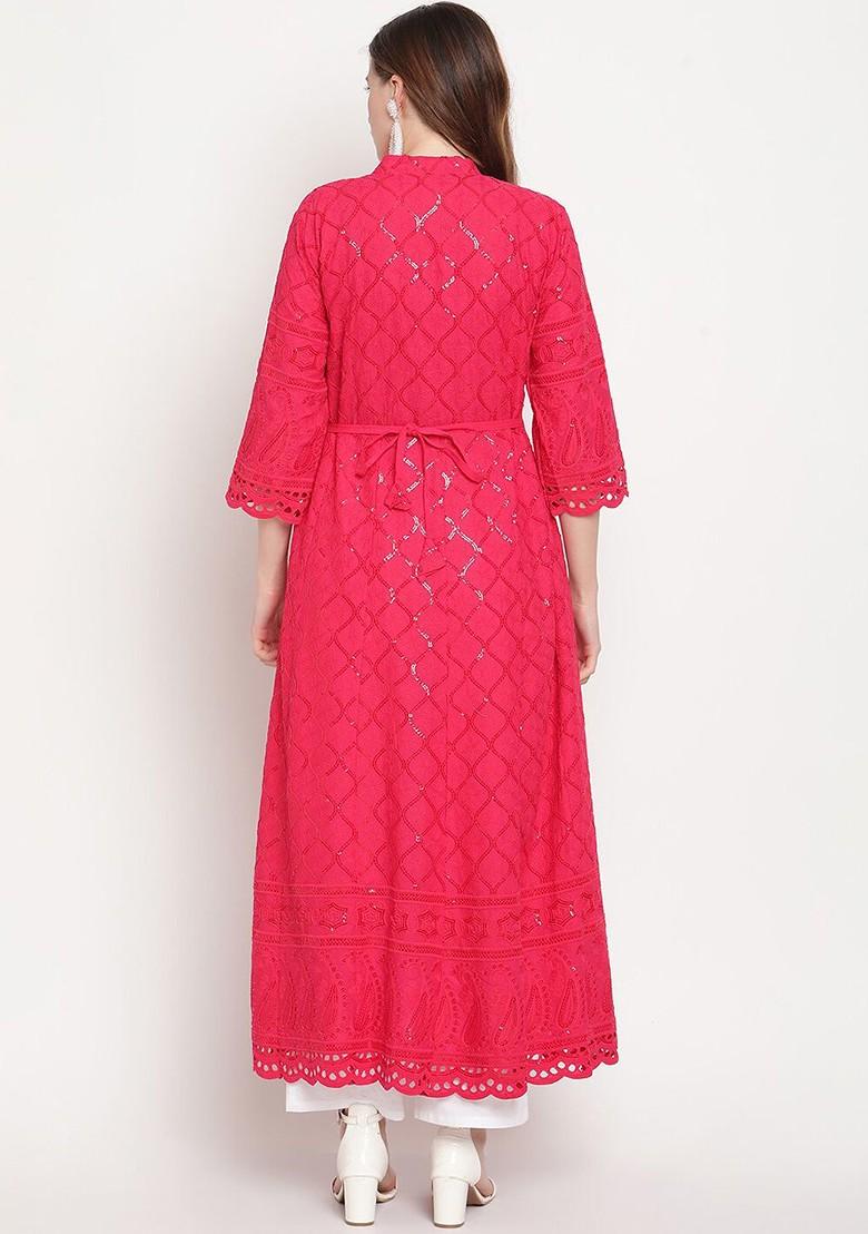 Magenta Embroidered Poly Blended Kurtas - Indya