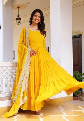 Yellow Embroidered Poly Blended Kurta Sets