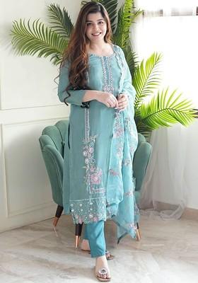 Turquoise Blue Embroidered Poly Blended Kurta Sets