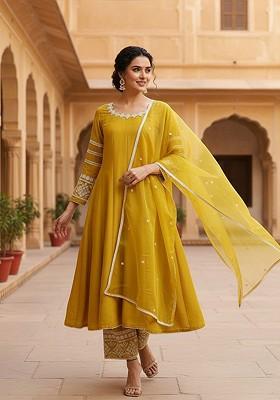 Yellow Embroidered Poly Blended Kurta Sets
