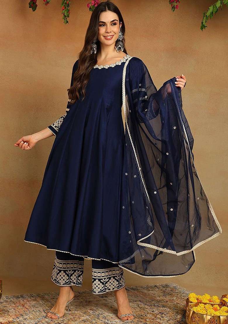 Navy Blue Embroidered Poly Blended Kurta Sets - Indya
