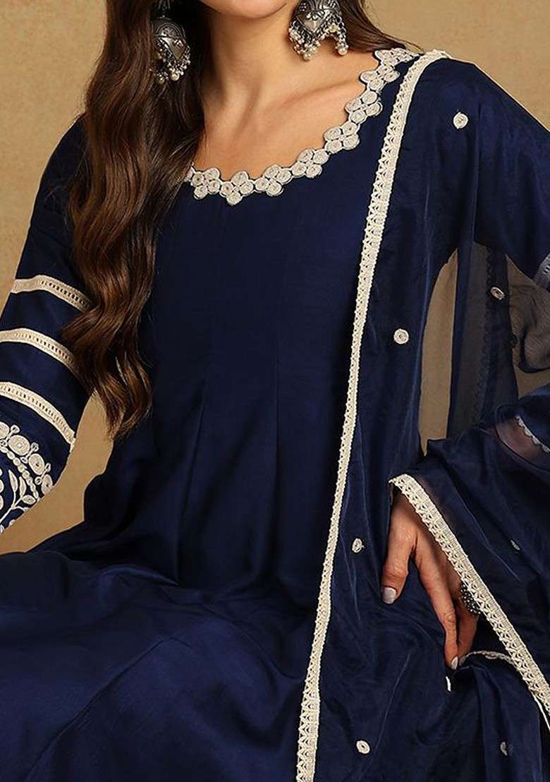Navy Blue Embroidered Poly Blended Kurta Sets - Indya