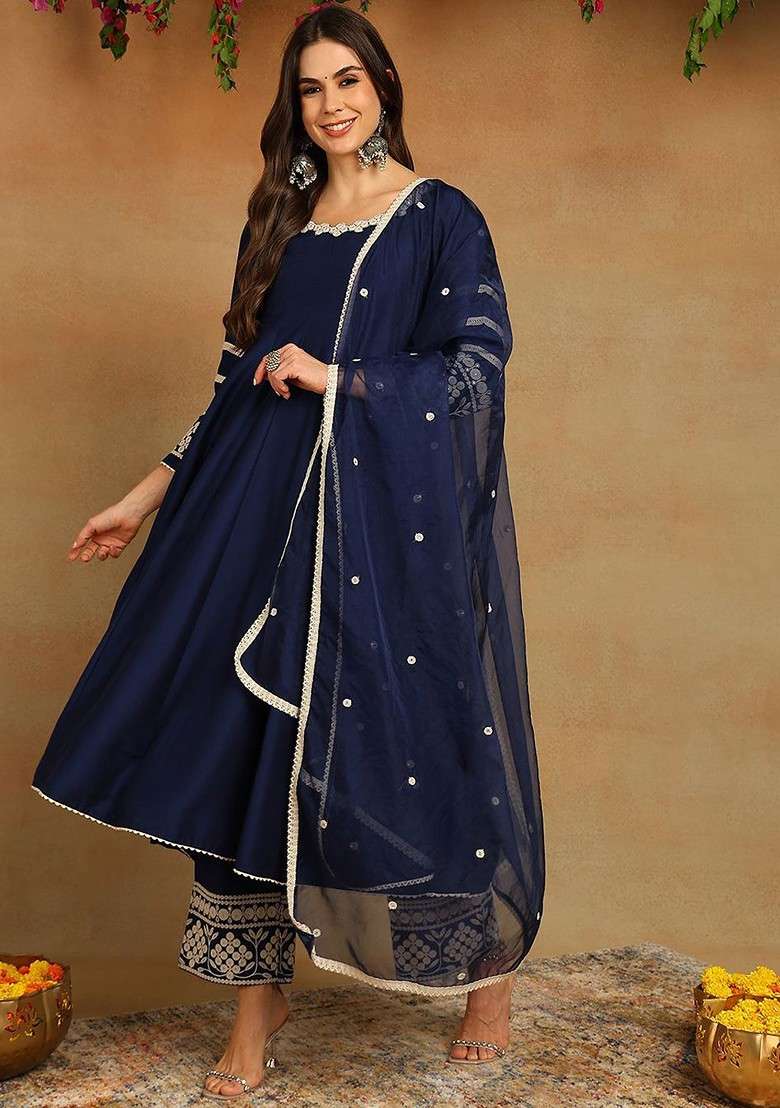 Navy Blue Embroidered Poly Blended Kurta Sets - Indya