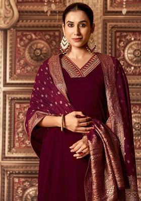 Maroon Embroidered Poly Blended Kurta Sets