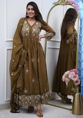 Brown Embroidered Poly Blended Kurta Sets