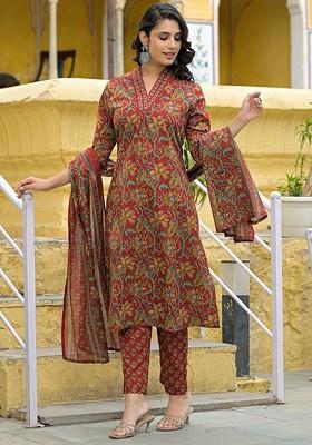 Maroon Embroidered Poly Blended Kurta Sets