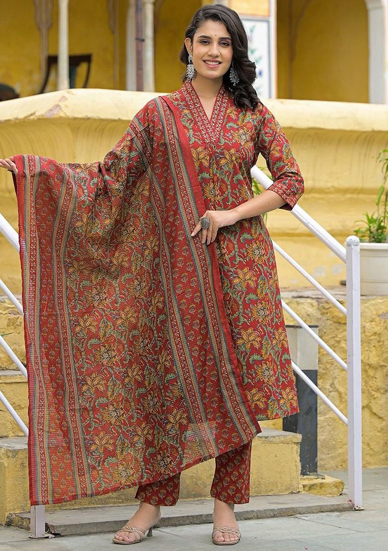 Maroon Embroidered Poly Blended Kurta Sets - Indya