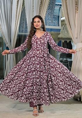 Maroon Embroidered Poly Blended Kurta Sets