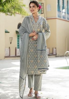 Off White Embroidered Poly Blended Kurta Sets