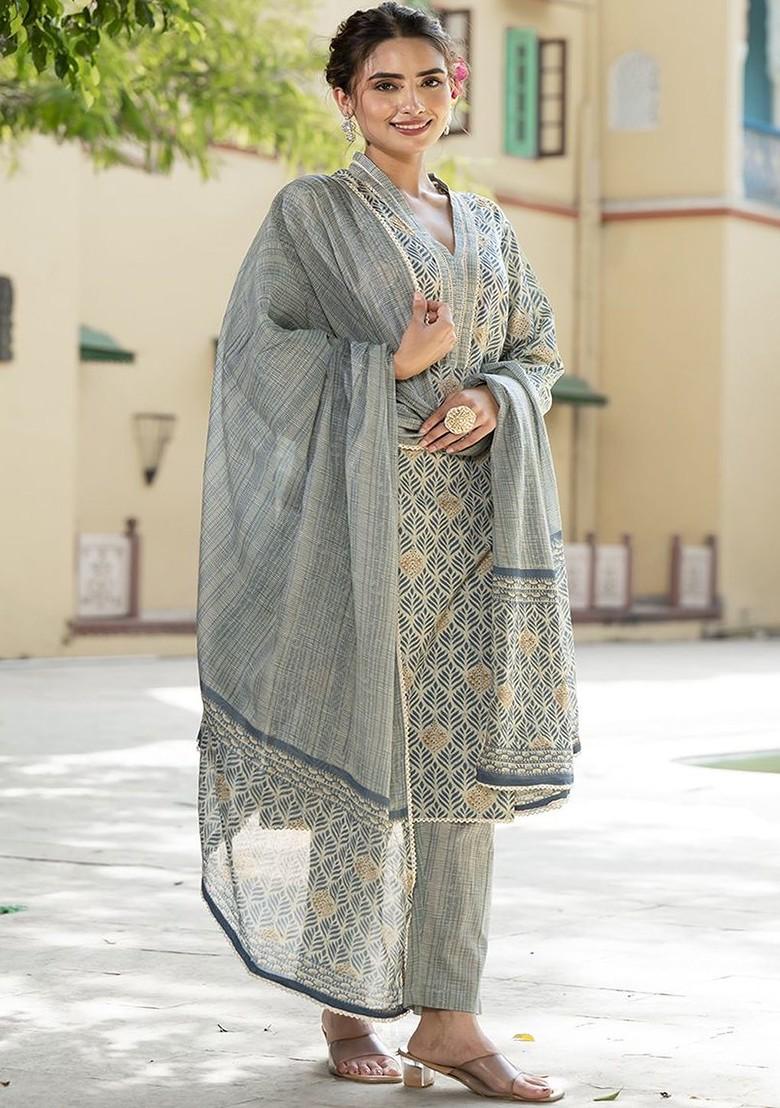 Off White Embroidered Poly Blended Kurta Sets - Indya