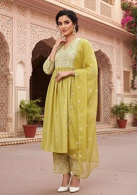 Yellow Embroidered Poly Blended Kurta Sets