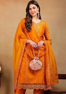 Mustard Embroidered Poly Blended Kurta Sets