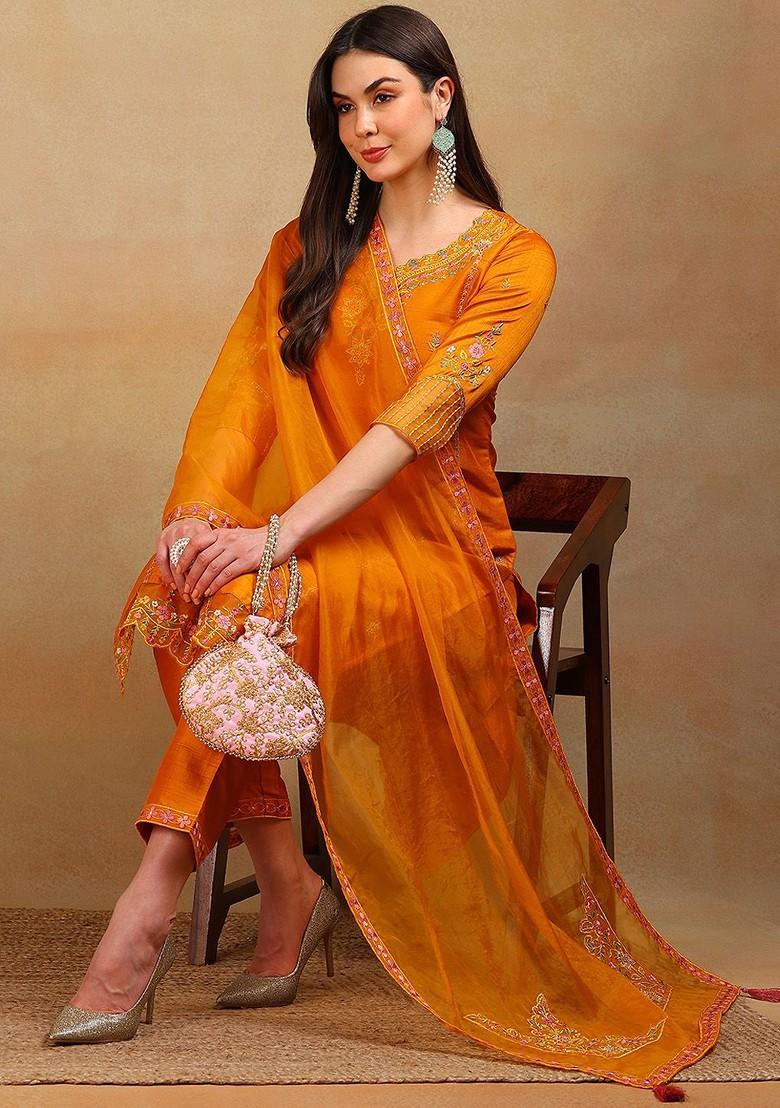 Mustard Embroidered Poly Blended Kurta Sets - Indya