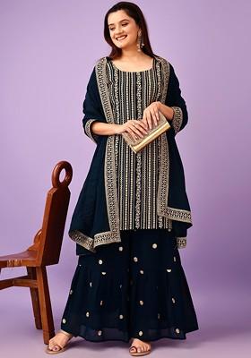 Turquoise Blue Embroidered Poly Blended Kurta Sets