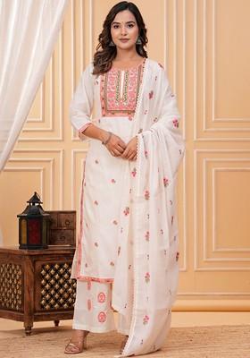 Off White Embroidered Poly Blended Kurta Sets