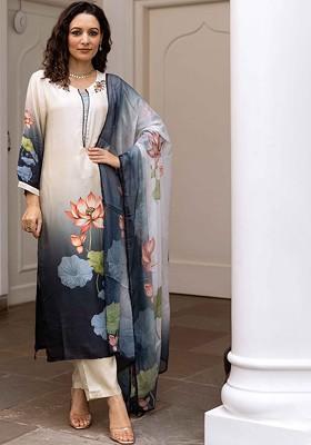 Cream Embroidered Poly Blended Kurta Sets