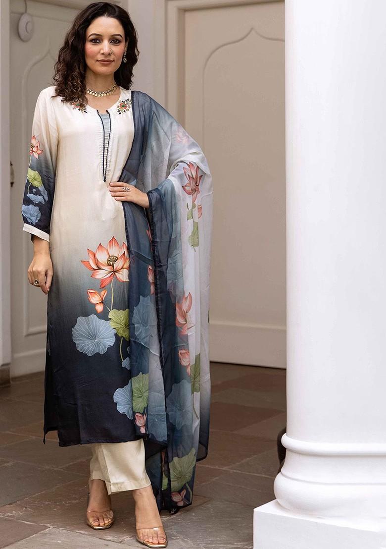 Cream Embroidered Poly Blended Kurta Sets - Indya