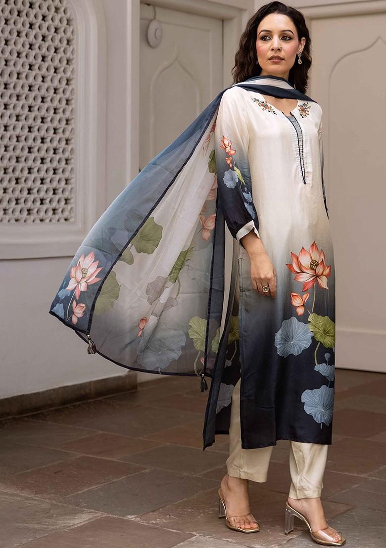 Cream Embroidered Poly Blended Kurta Sets - Indya