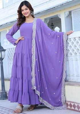 Lavender Embroidered Poly Blended Kurta Sets