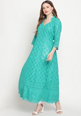 Sea Green Embroidered Poly Blended Kurtas