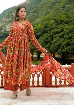 Red Embroidered Poly Blended Kurta Sets