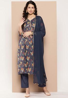 Violet Embroidered Poly Blended Kurta Sets