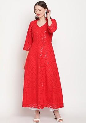 Red Embroidered Poly Blended Kurtas