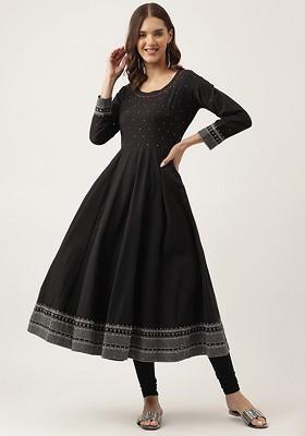 Black Embroidered Poly Blended Kurtas