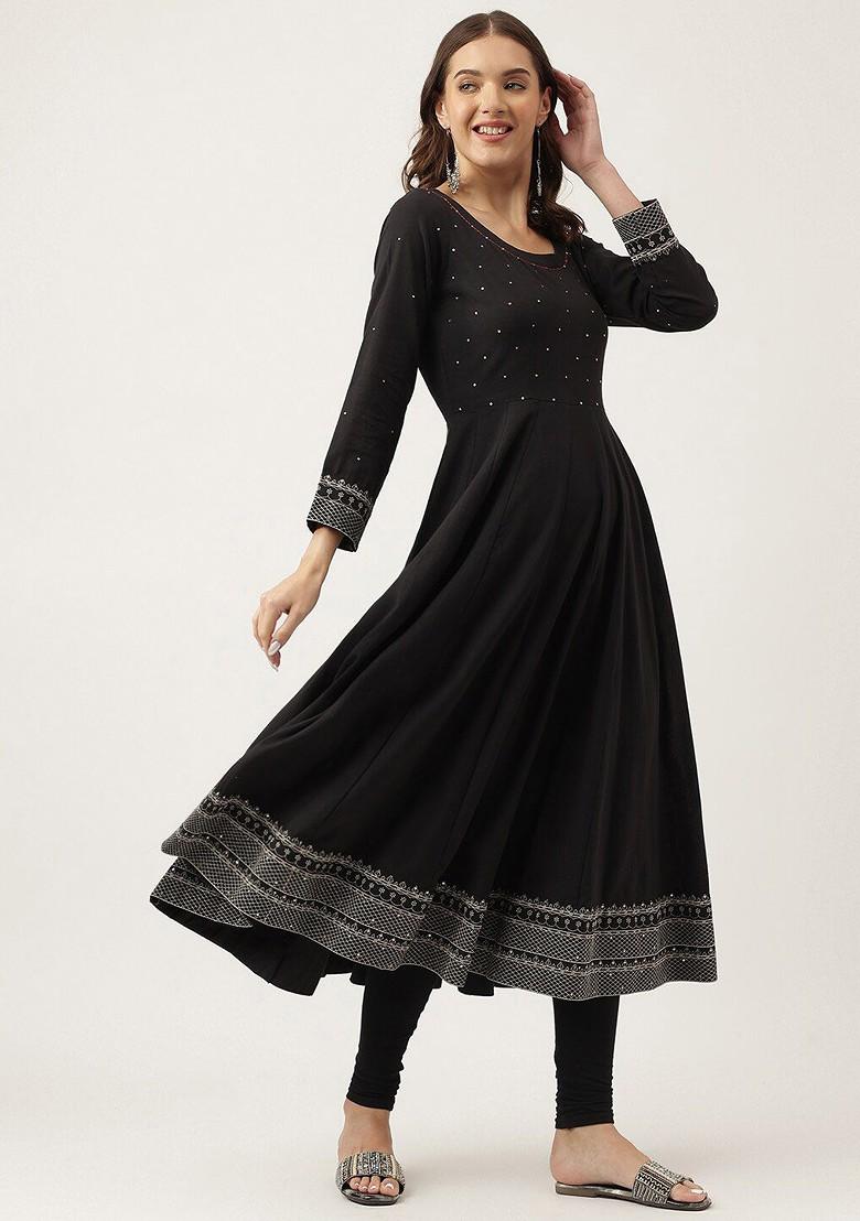 Black Embroidered Poly Blended Kurtas - Indya