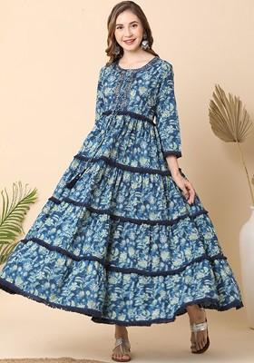 Blue Embroidered Poly Blended Kurtas