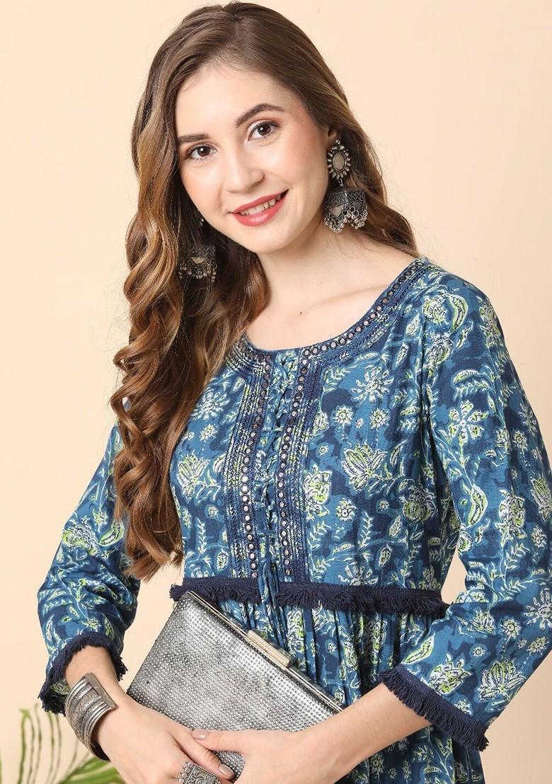 Blue Embroidered Poly Blended Kurtas - Indya