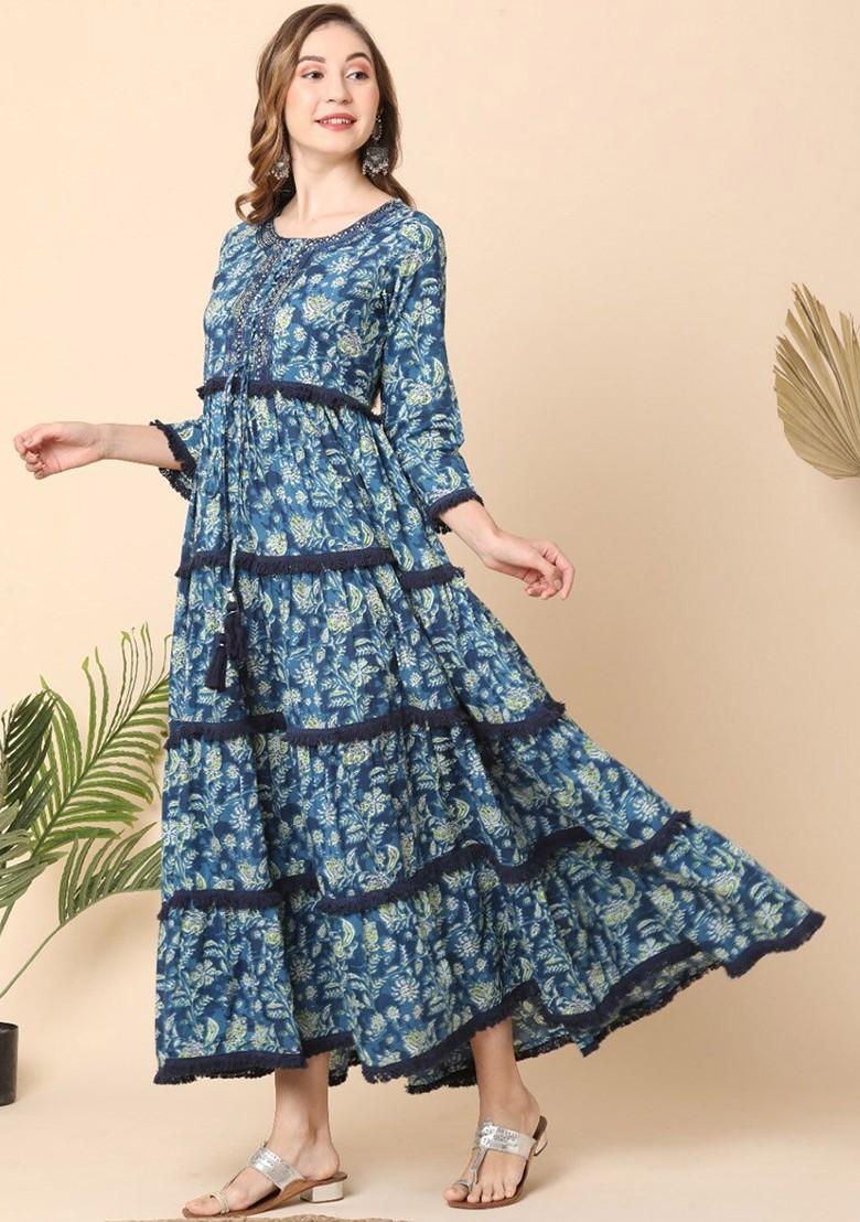Blue Embroidered Poly Blended Kurtas - Indya