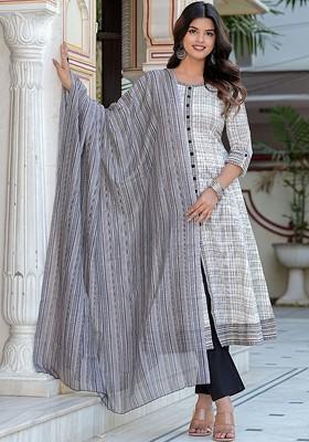 Off White Embroidered Poly Blended Kurtas