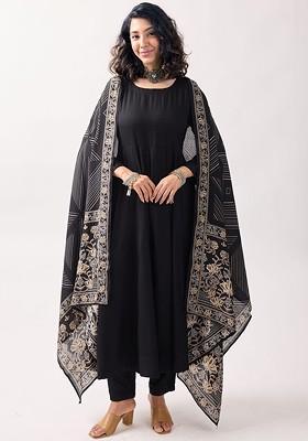 Black Embroidered Poly Blended Kurtas