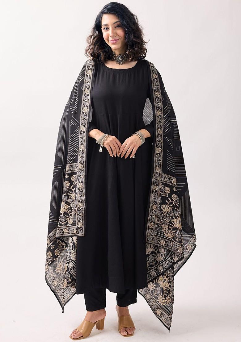 Black Embroidered Poly Blended Kurtas - Indya