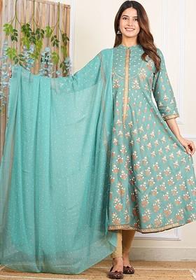 Blue Embroidered Poly Blended Kurtas