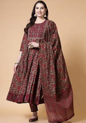 Maroon Embroidered Poly Blended Kurta Sets