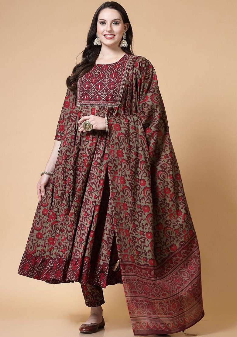 Maroon Embroidered Poly Blended Kurta Sets - Indya