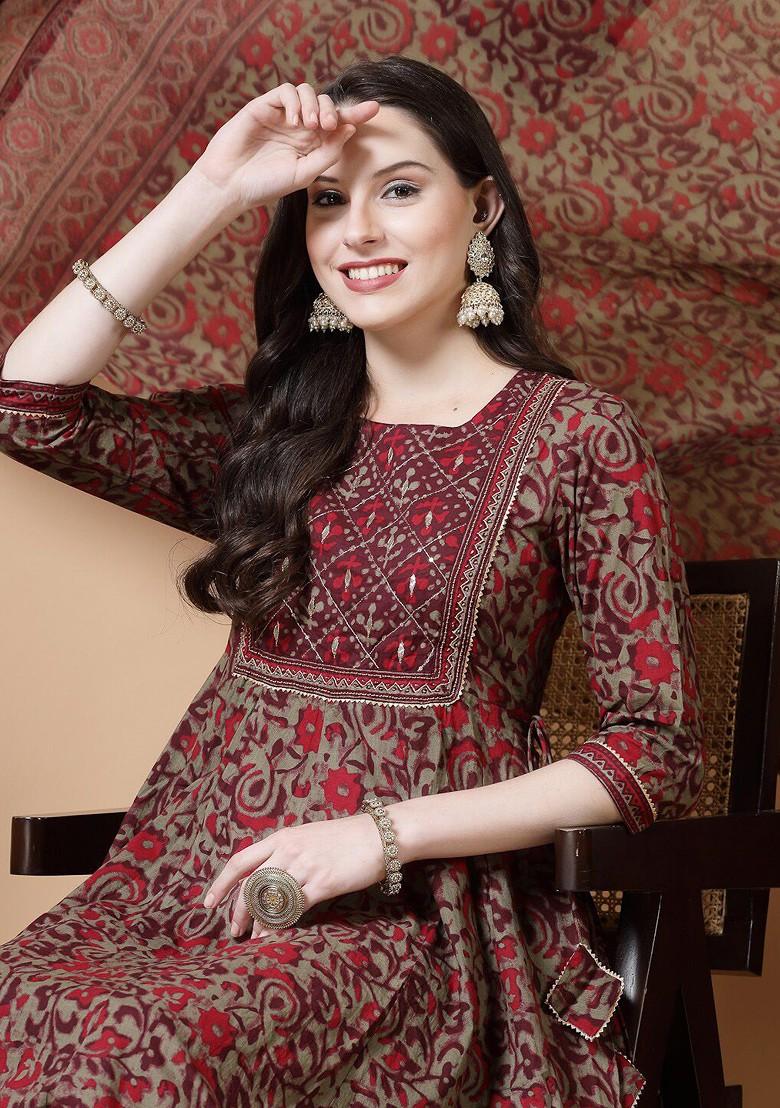 Maroon Embroidered Poly Blended Kurta Sets - Indya