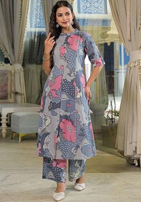 Grey Embroidered Poly Blended Kurta Sets