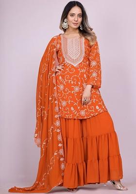 Orange Embroidered Poly Blended Kurta Sets