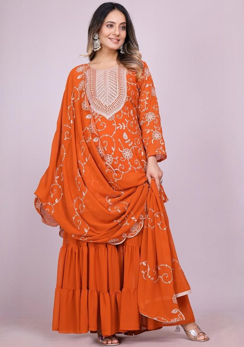 Orange Embroidered Poly Blended Kurta Sets - Indya