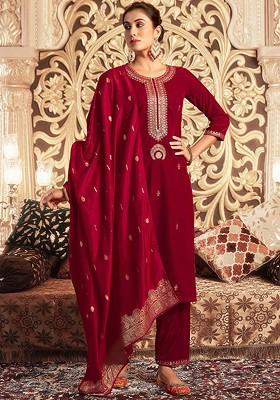 Red Embroidered Poly Blended Kurta Sets