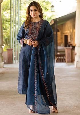 Teal Embroidered Poly Blended Kurta Sets