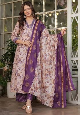 Beige Embroidered Poly Blended Kurta Sets